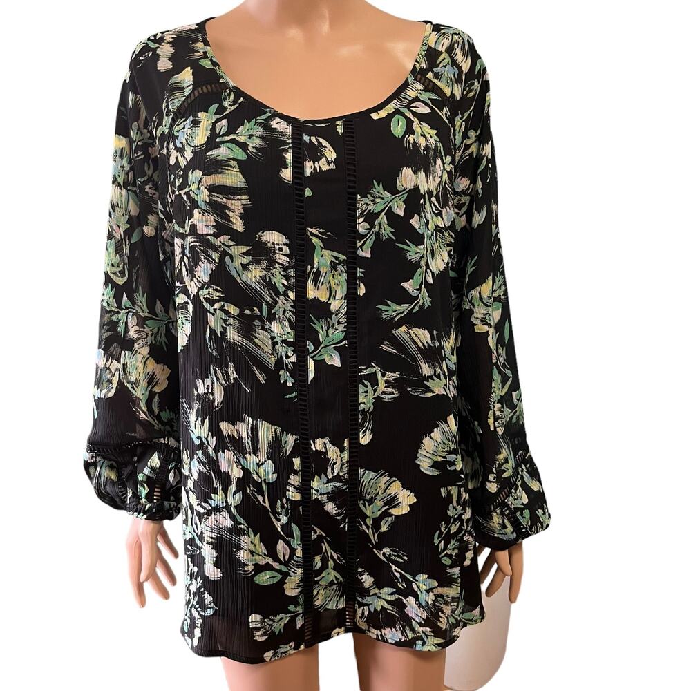 Belldini Dark Floral Blouse 3X Bishop Sleeves Gauzy Blousy Flowing Cottage Core